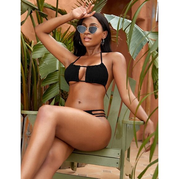 NAFLEAP Womens SMALL Black Smocked Bandeau Halter String Brazilian BIKINI NWT - Picture 5 of 5